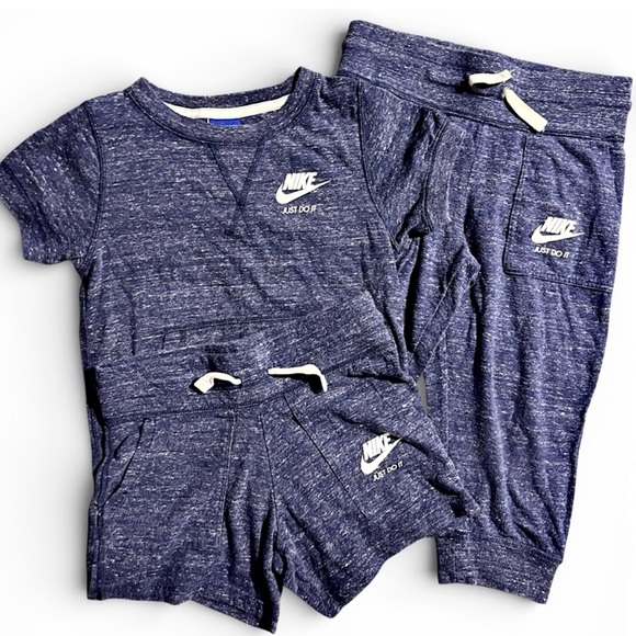 Nike Vintage Youth Small 6/7 Tshirt Capris & Shorts Heather Blue Bundle Set - Picture 1 of 12